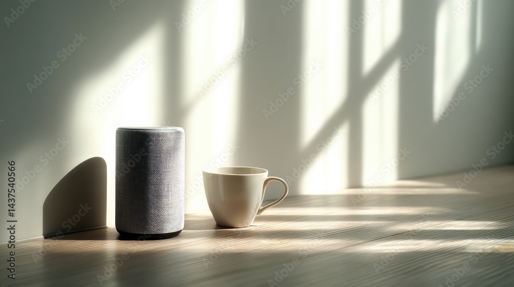 Aufkleber voice assistant device and coffee cup in bright minimal room with natural light casting shadows on w