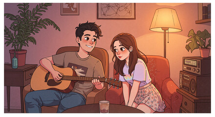 Young couple enjoying lofi music and each other's company at home  
