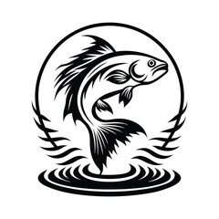Salmon Fish Leaping Silhouette, Curved Tail, Circle, Waves, Black And White, Minimal