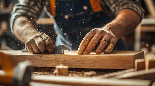 Craftsman Sanding a Wooden Plank in Workshop
