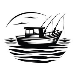 Detailed Monochrome Fishing Boat Silhouette with Rods, Sea Waves, and Birds Art