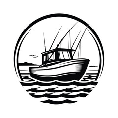 Fishing Boat Silhouette in Circle with Rods, Birds, Sea Waves Art Style