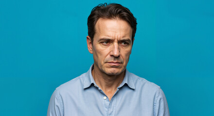 Fototapeta premium Man expressing sadness against a blue background 