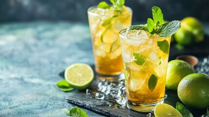 Fototapeta premium Two Iced Mint Lime Drinks on Dark Background