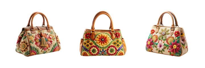 Handcrafted handbag with a floral design set of against a Transparent background