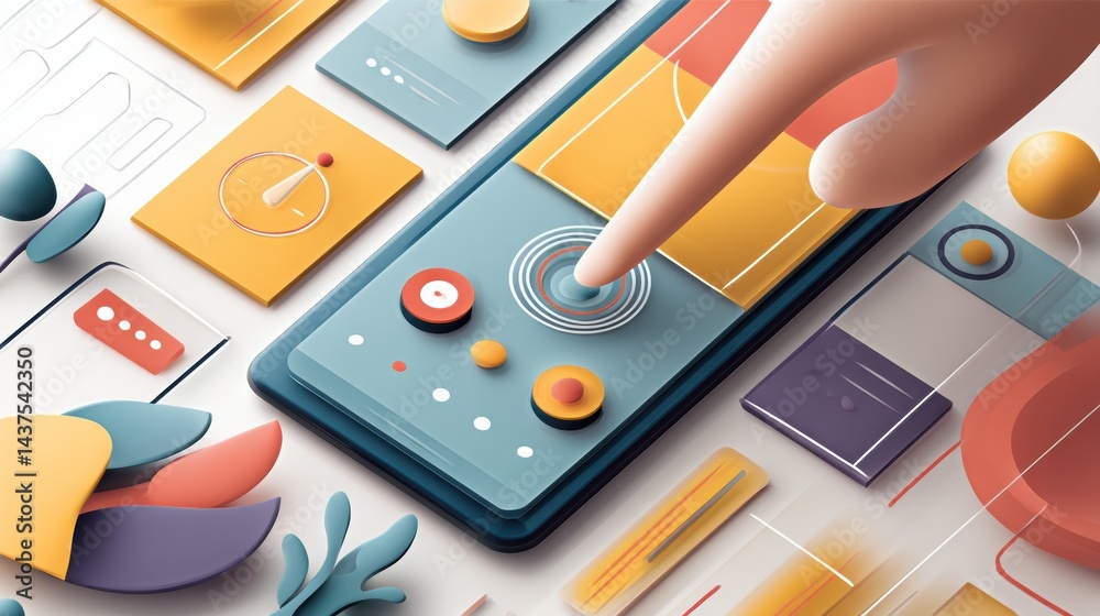 Aufkleber Stylized Smartphone App Interface With a User Interacting and Exploring Various Features and Options on the Screen