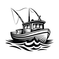Fishing Boat in Sea Waves Silhouette, Nautical Vessel, Marine Adventure, Black and White