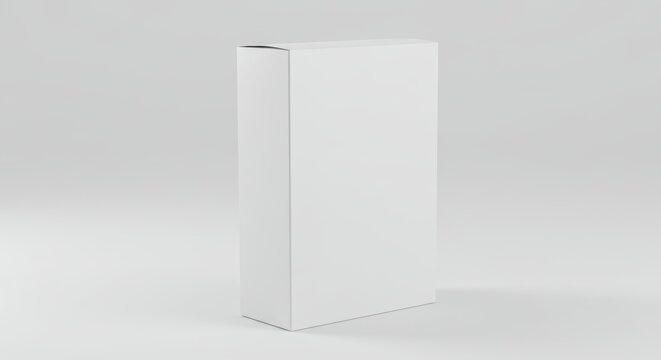 Photorealistic 3D render of a standard rectangular cereal box standing upright on a plain white surface. Blank box surfaces are the focus