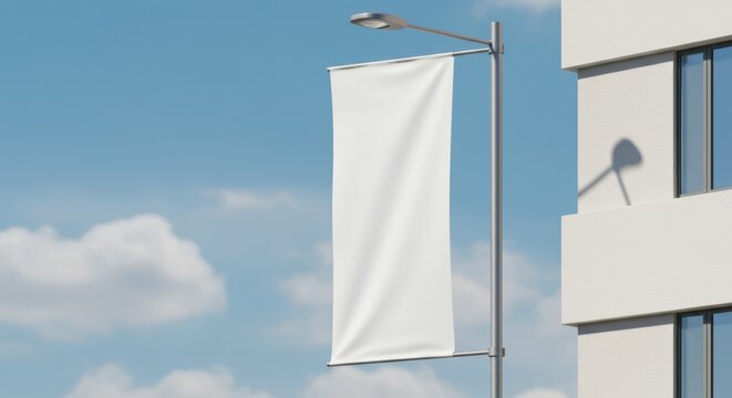  Photorealistic 3D render of a tall, vertical blank white banner flag attached to a simple metal pole fixed to a generic modern building facade or street lamp post