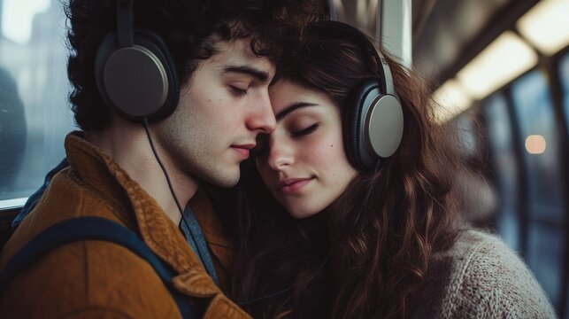 A young couple shares headphones, peacefully resting their heads together while listening to music on public transport. - Powered by Adobe