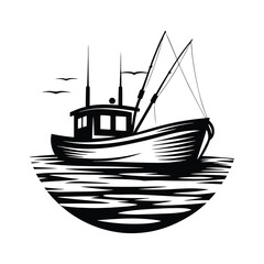 Silhouette Fishing Boat at Sea with Birds, Nautical Vessel, Sea Life & Fishing
