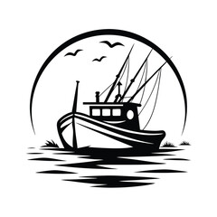 Silhouette Fishing Boat on Water with Birds in Circular Nautical Design