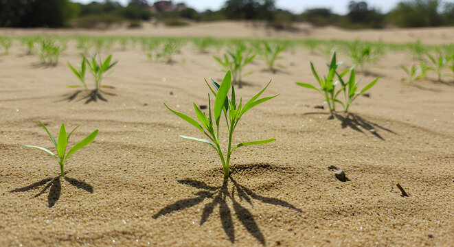 Sprouting Cumin Plants In Sandy Desert Soil