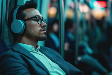 A man in a suit, wearing headphones, rests peacefully on public transport, eyes closed.