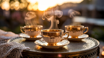 The scene features ornate teacups with intricate golden designs, steaming hot tea on a metallic surface, soft sunset lighting, gentle mist, and a dreamy, luxurious atmosphere with a highly detailed, c