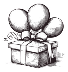 Hand-Drawn Gift Box with Balloons and Ribbon Illustration