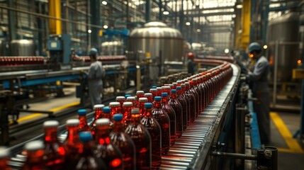 Fototapeta premium Automated bottling line in a beverage factory. Workers operate machinery