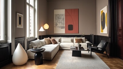 Modern Living Room with Sculptural Black Accents, Soft Textiles, and Abstract Wall Art in Warm, Neutral Tones