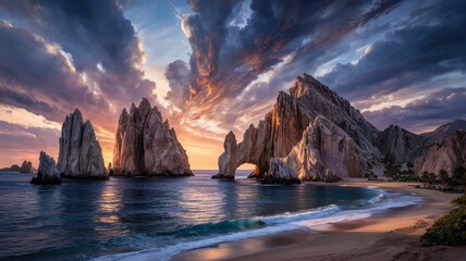 El Arco rock arch at Land?s End lit by colorful dramatic sunset sky