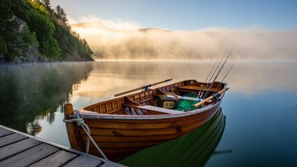 Obraz premium Misty Mountain Lake Fishing Scene with Empty Rowboat and Sunrise, AI Generated