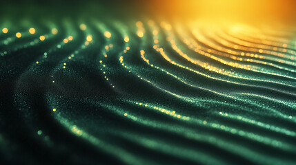 Abstract teal and gold shimmering wave pattern.