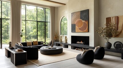 Modern Living Room with Sculptural Black Accents, Soft Textiles, and Abstract Wall Art in Warm, Neutral Tones