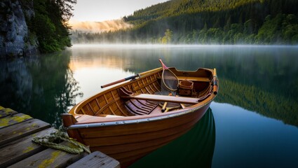 Obraz premium Misty Mountain Lake Fishing Scene with Empty Rowboat and Sunrise, AI Generated