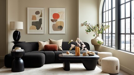 Modern Living Room with Sculptural Black Accents, Soft Textiles, and Abstract Wall Art in Warm, Neutral Tones