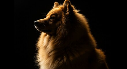 Majestic Fluffy Long Haired Dog Silhouetted Against Black Background