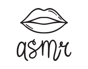 ASMR lettering emblem with lips or mouth icon doodle hand drawn. Outline line drawing clipart symbol