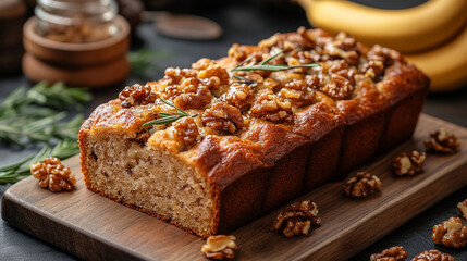 Freshly baked banana nut bread on a wooden board, topped with walnuts and rosemary sprigs.
