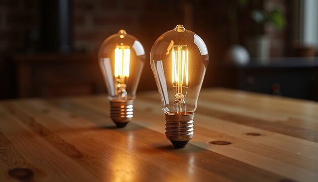 Vintage light bulbs glowing on wooden table in cozy interior  