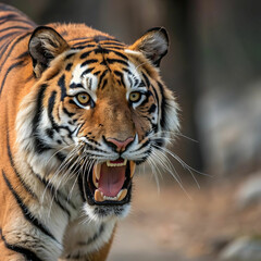 tiger looking with the open mouth closeup