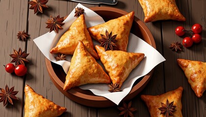 Savory samosas arranged on a wooden platter with spices  
