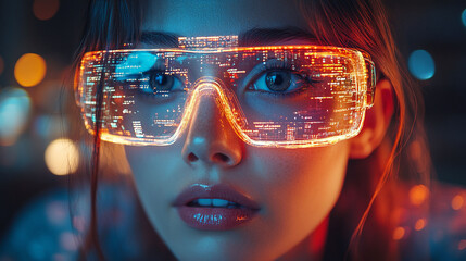Close-up of a young woman wearing futuristic glasses with glowing digital code overlay, illuminated by vibrant neon lights.