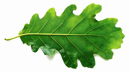Bright Green Oak Leaf with Detailed Veins Centered on White Background