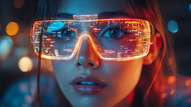 Close-up of a young woman wearing futuristic glasses with glowing digital code overlay, illuminated by vibrant neon lights. - Powered by Adobe