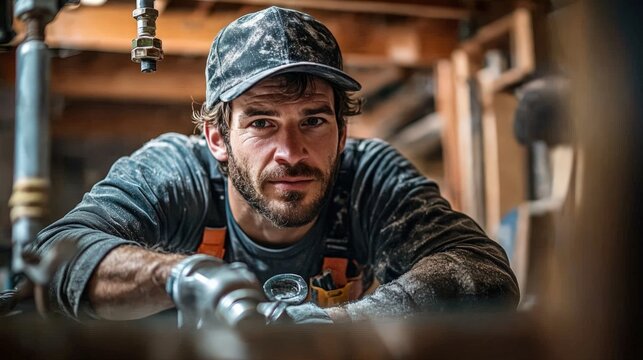 Focused handyman inspecting plumbing in a basement
