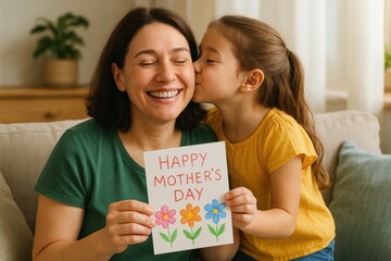Mother's Day greeting card held by mother and daughter