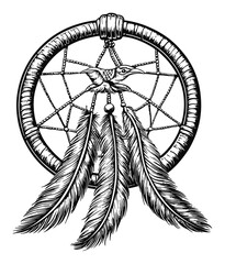 Detailed Engraving of Dreamcatcher with Hummingbird and Feathers