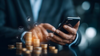 Finance and banking network concept. Businessman making payments and using mobile online banking  on the internet marketing. making retirement investments, purchasing stocks and mutual fund