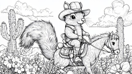 Fototapeta premium Playful Squirrel Riding Horse in Desert Scene Coloring Page