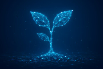 Digital sprout: A captivating digital rendition of a sprouting plant, radiating with an ethereal glow against a deep blue backdrop, representing the growth and potential of innovation and technology.
