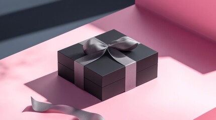 Black Gift Box with Silver Ribbon on Pink Background