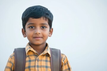 A young boy with dark hair and a yellow plaid shirt smiles gently at the camera, carrying a backpack.