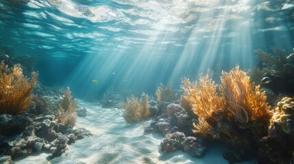 Obraz premium Underwater coral reef scene. Sunlight beams through clear water, illuminating vibrant coral and sandy bottom