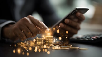 Finance and banking network concept. Businessman making payments and using mobile online banking  on the internet marketing. making retirement investments, purchasing stocks and mutual fund