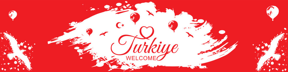 Red Turkiye Welcome banner with Turkish symbols crescent, star, birds. Perfect for travel, cultural events  greetings. Easy to customize! Vector
