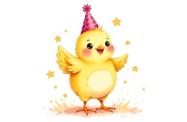 Children’s cute animal card. Cute, funny, cheerful chicken dancing in a festive pink cap. Around him are golden stars. The background is white