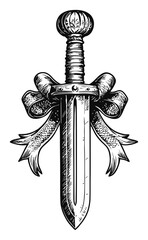 Detailed Vintage Engraving of a Dagger with Decorative Ribbon